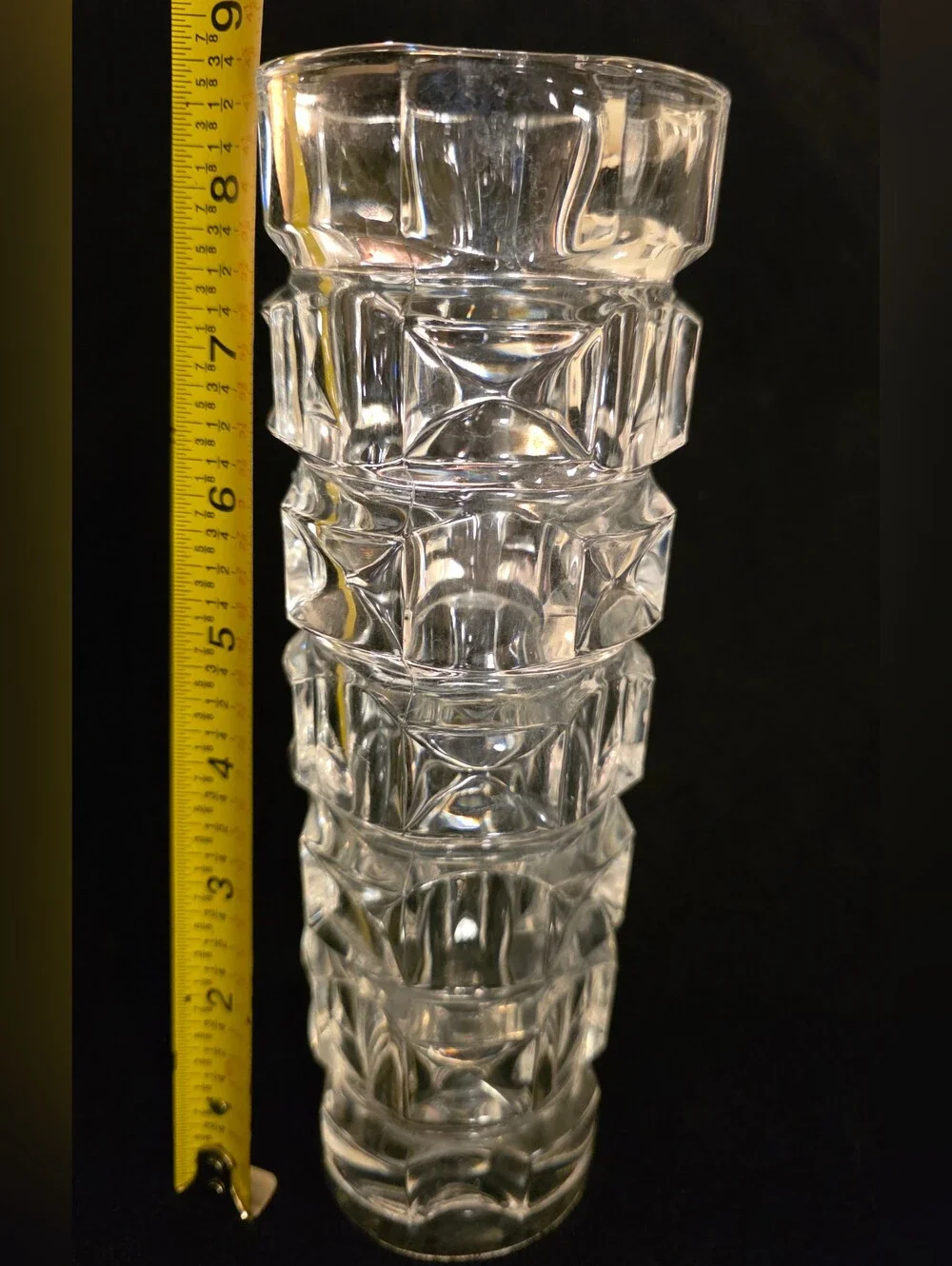 Vintage Heavy Clear Glass Vase Geometric Space Age Brutalist 8.75